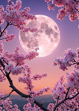 Full Moon Behind Cherry Blossoms