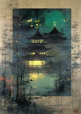 Ethereal Japanese Pagoda at Night