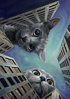 Giant Cats Looming Over City Skyscrapers