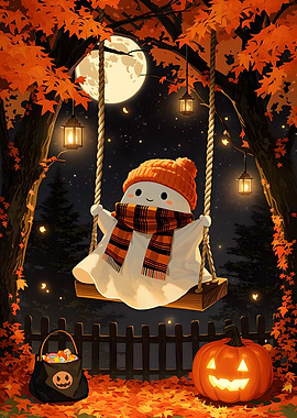 Cute Ghost on Autumn Swing