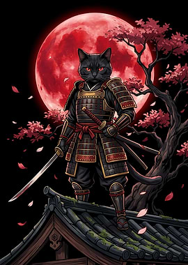 Black Cat Samurai Under Red Moon