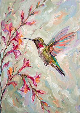 Impressionist Hummingbird and Floral Painting