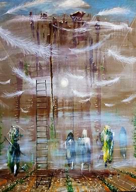 Surreal Dreamscape with Ladder and Feathers