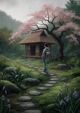 Woman in Kimono by Rainy Hut