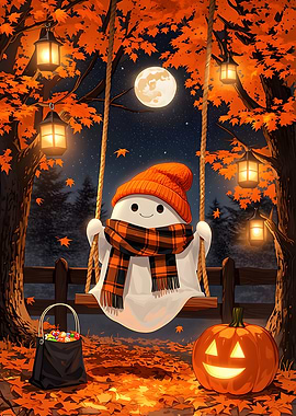 Cute Ghost on Autumn Swing