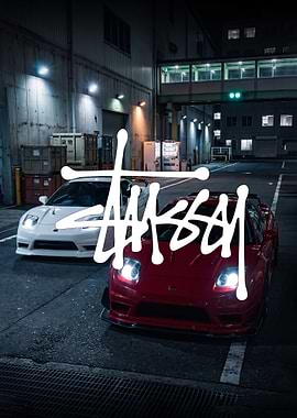 2 nsx Night Street Scene red and white cars poster