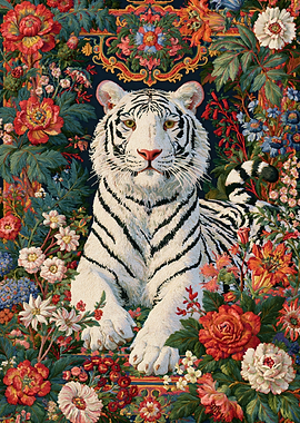 White Tiger Amidst Ornate Floral Tapestry