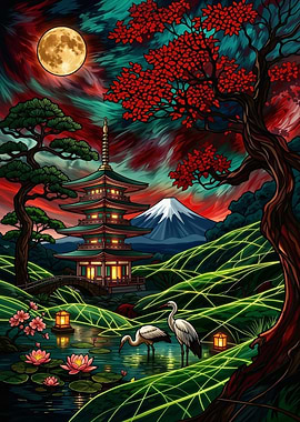 Neon Pagoda – Mount Fuji Moonlight – Abstract Fantasy #158