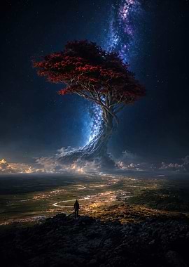 Giant Red Tree Under Milky Way