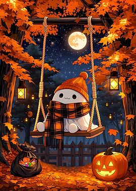Cute Ghost on Autumn Swing
