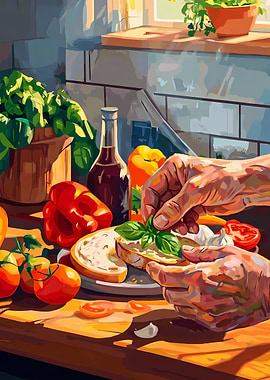 Preparing Fresh Bruschetta in Kitchen