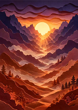Misty Pine Mountain Sunset Papercut