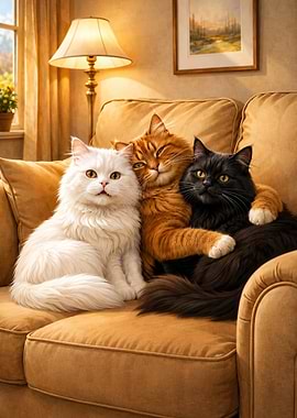 Three Fluffy Cats Cuddling on Sofa