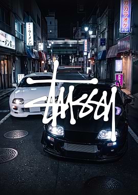 2 mk4 Night Street Scene black and white supra cars poster