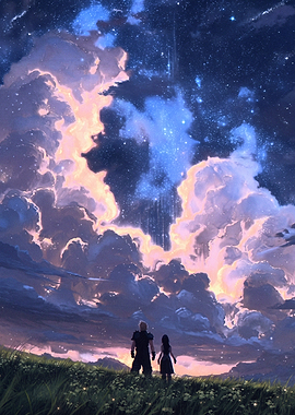 Cloud and Tifa Under Starry Sky