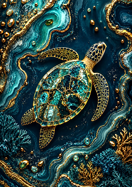 Golden Sea Turtle in Teal Resin