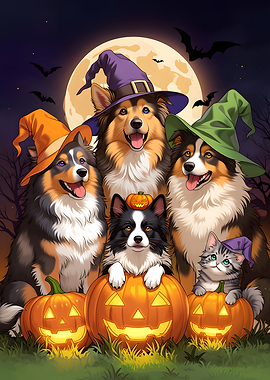Halloween Dogs and Kitten with Pumpkins