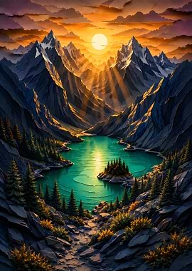 Emerald Alpine Lake Sunset Papercraft
