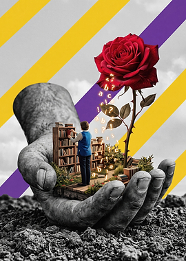 Surreal Library in a Giant Hand