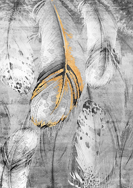Abstract Watercolor Feathers with Gold Accents