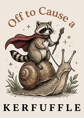 Whimsical Raccoon Riding Snail Fantasy Adventure Vintage Wall Art Poster