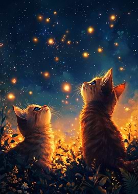 Two Kittens Watching Fireflies at Night