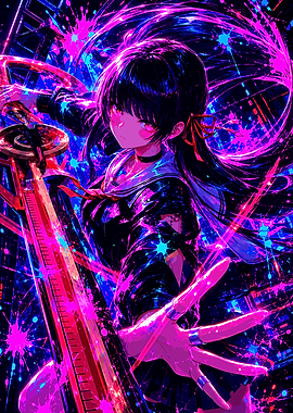 Neon Cyberpunk Anime Girl with Sword