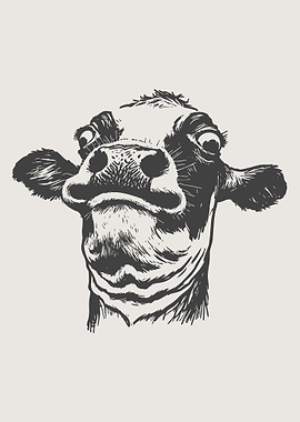 Funny Cow Portrait Wall Art | Minimalist Black Ink Farm Animal Sketch Poster