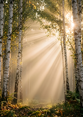 Sunlight Streaming Through Birch Forest