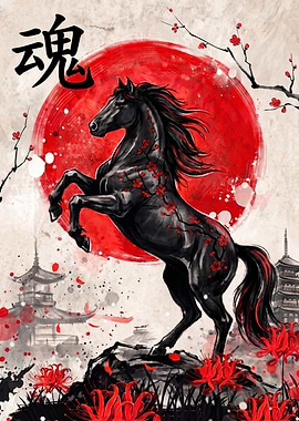 Black Horse with Japanese Floral Motifs