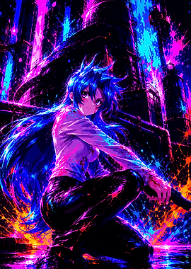 Neon Anime Girl with Gun
