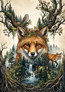 Fox Spirit Forest Double Exposure Art