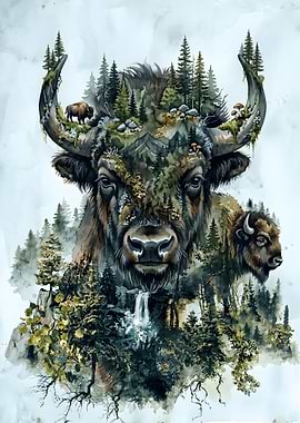 Double Exposure Bison Forest Art