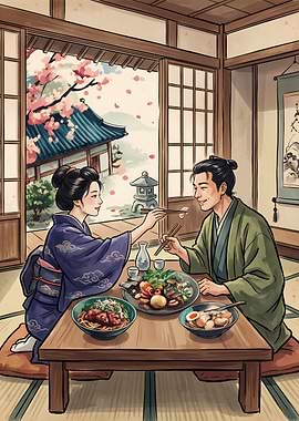 Couple Dining in Traditional Japanese Setting