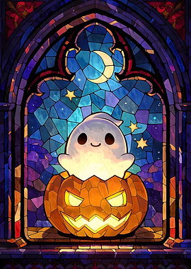 Stained Glass Ghost in Pumpkin