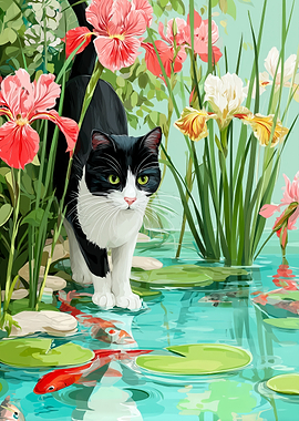 Tuxedo Cat Wading Through Koi Pond
