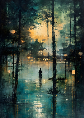 Lone Samurai in Misty Temple Garden