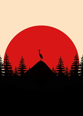 The Lone Crane Japanese Red Sun Silhouette