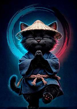 Zen Meditating Black Cat Samurai