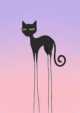 Surreal Long-Legged Black Cat Illustration
