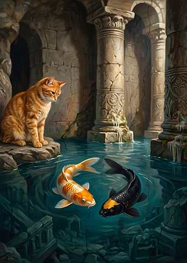 Ginger Cat Watching Koi Fish