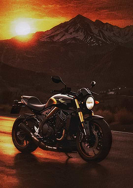 Motorcycle at Sunset Mountain Landscape