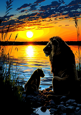 Lion and Cub at Sunset