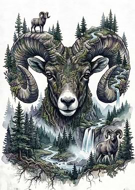 Double Exposure Bighorn Sheep Landscape