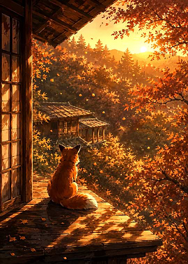Fox Watching Autumn Sunset