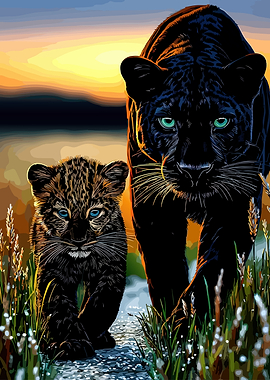 Black Panther and Cub at Sunset