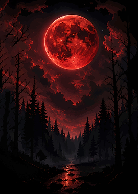 Eerie Red Moon Over Dark Forest