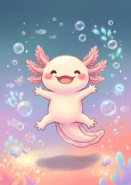 Cute Happy Axolotl Underwater Illustration
