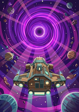 Wooden Spaceship Approaching Purple Black Hole