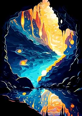 Vibrant Glowing Cave Reflection